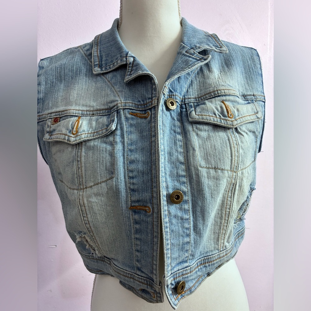 Women’s Distressed Cropped Denim Vest, L,  Blue, Upcycled/Sustainable Fashion - Picture 8 of 9